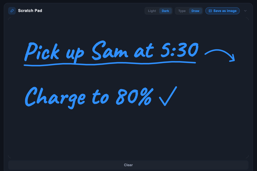 Scratch Pad on the Tesla screen with a handwritten note: Pick up Sam at 5:30, Charge to 80%
