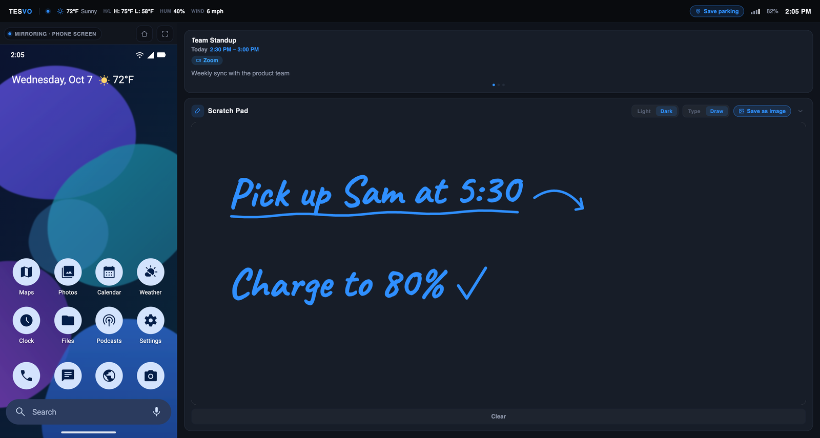 Tesvo on a Tesla screen: phone mirror on the left, weather, calendar and Scratch Pad on the right