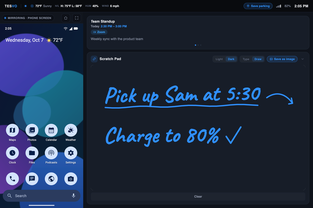 Tesvo top bar with weather, battery, clock and a Save parking button, above today's calendar