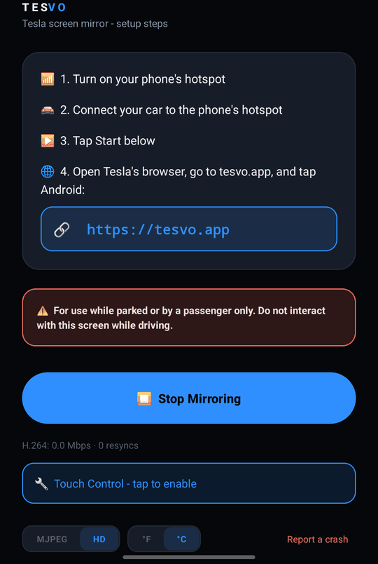 Tesvo on the phone while mirroring, showing tesvo.app and the Stop Mirroring button