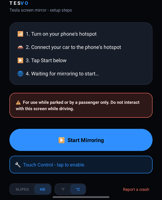 Tesvo on the phone, setup screen with the Start Mirroring button